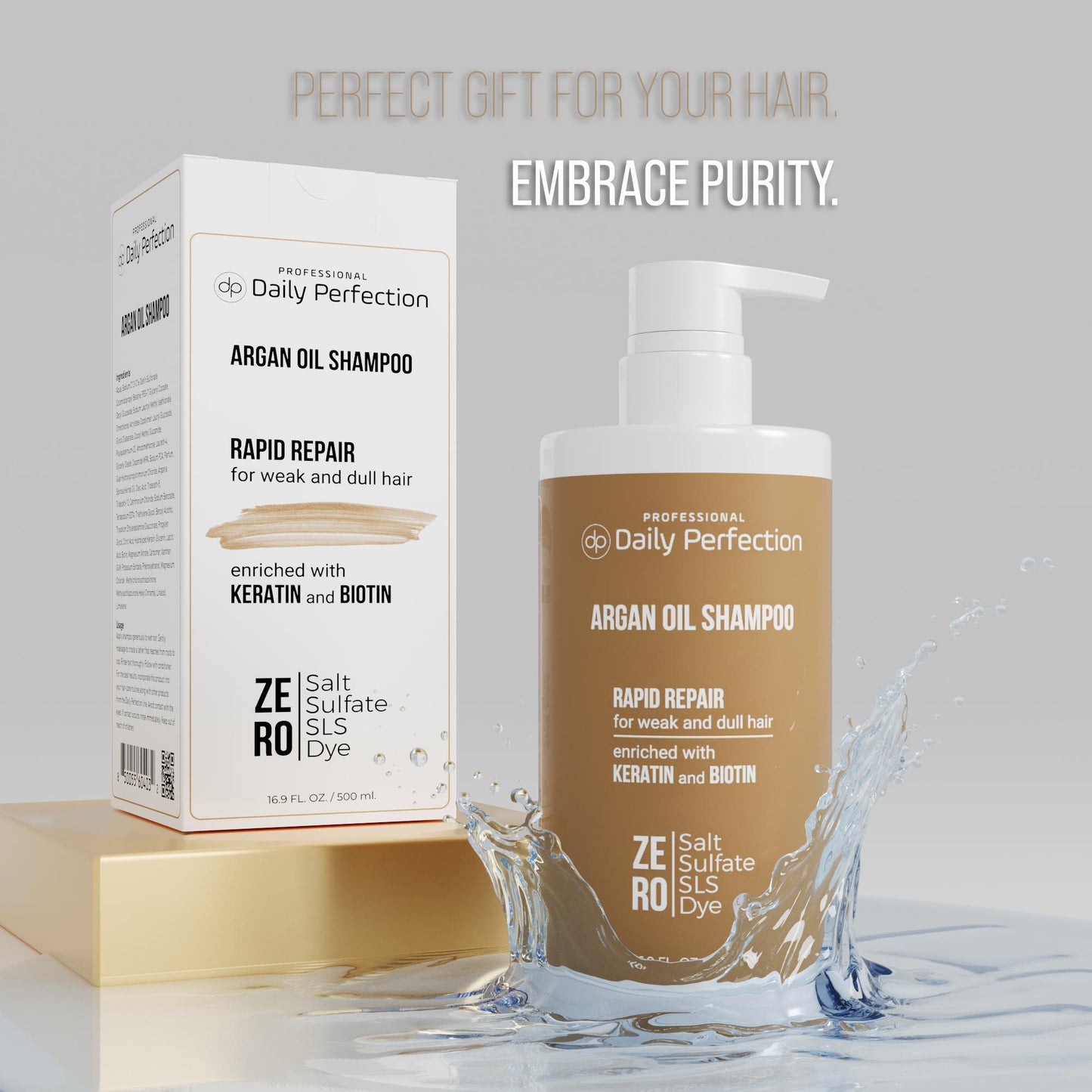 Daily Perfection Argan Oil Shampoo product bottle and the box in water splash with a slogan that reads embrace purity