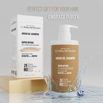 Daily Perfection Argan Oil Shampoo product bottle and the box in water splash with a slogan that reads embrace purity