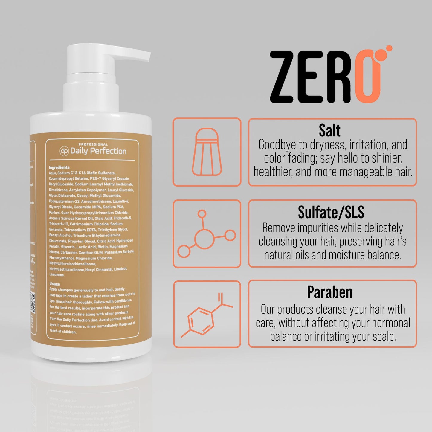 infographic explains the benefits of salt free,sulfate free, paraben free formula that is used in Daily Perfection Argan Oil Shampoo