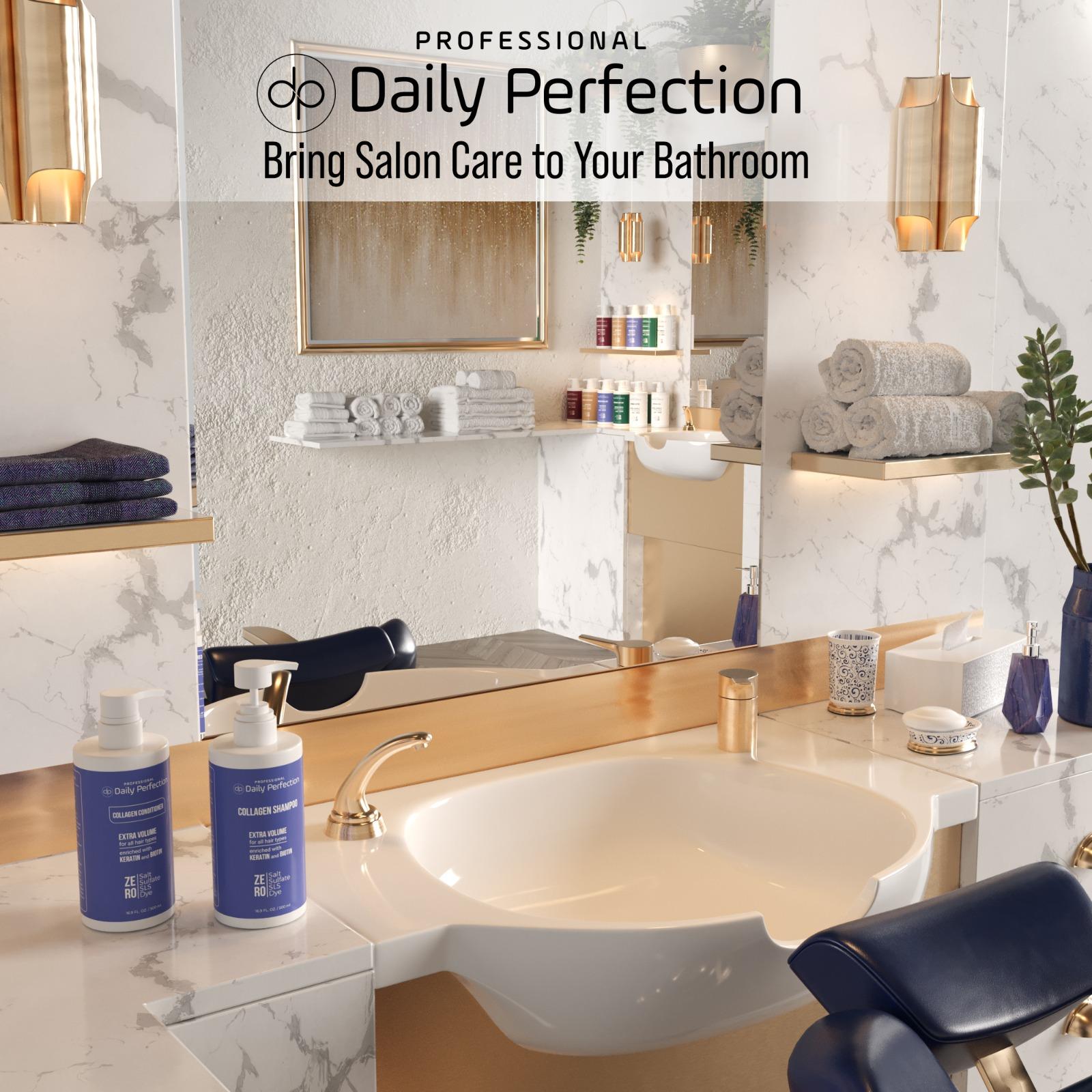 lifestyle image in a professional salon the with a slogan that reads bring salon care to your bathroom and the product bottle of Daily Perfection Collagen Shampoo