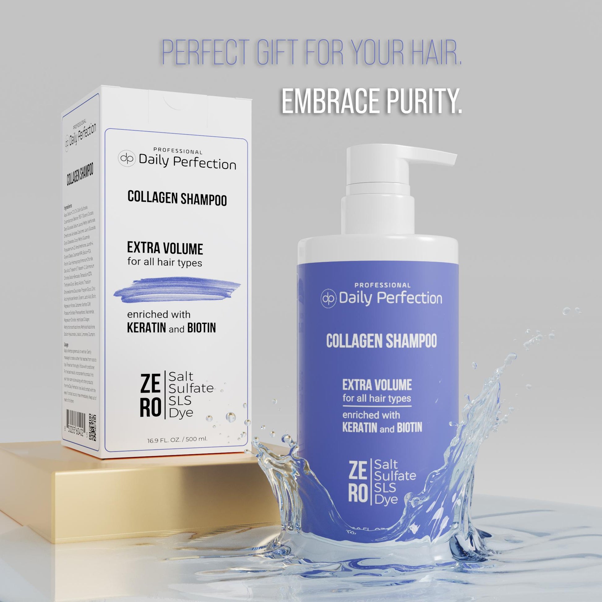Daily Perfection Collagen Shampoo product bottle and the box in water splash with a slogan that reads embrace purity