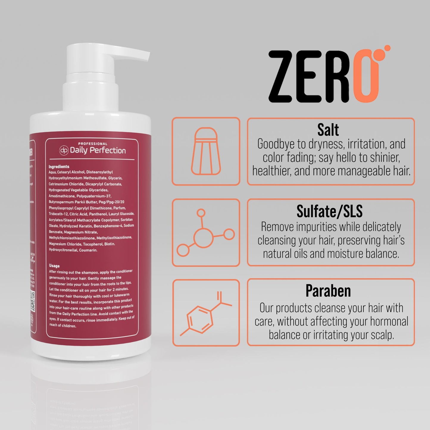 infographic explains the benefits of salt free,sulfate free, paraben free formula that is used in Daily Perfection Color Protect Conditioner