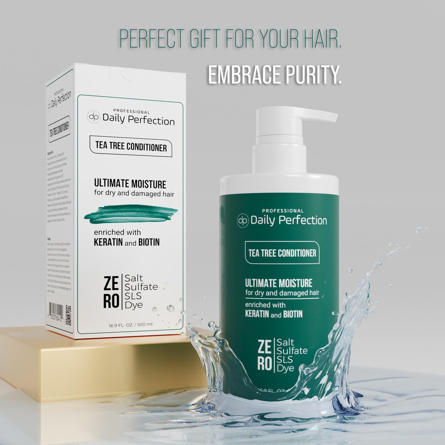 Daily Perfection Tea Tree Conditioner product bottle and the box in water splash with a slogan that reads embrace purity