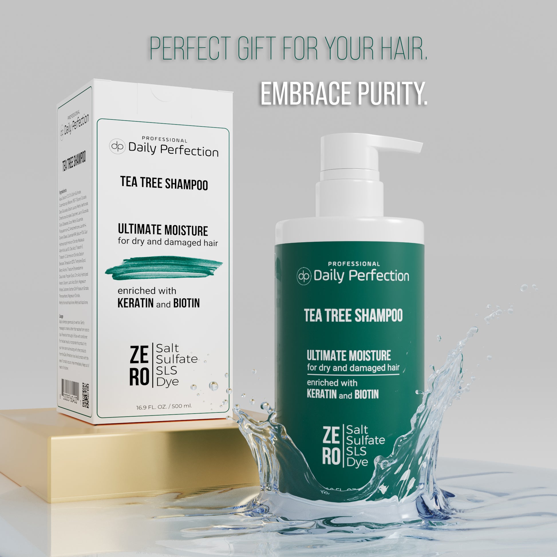 Daily Perfection Tea-Tree Shampoo product bottle and the box in water splash with a slogan that reads embrace purity