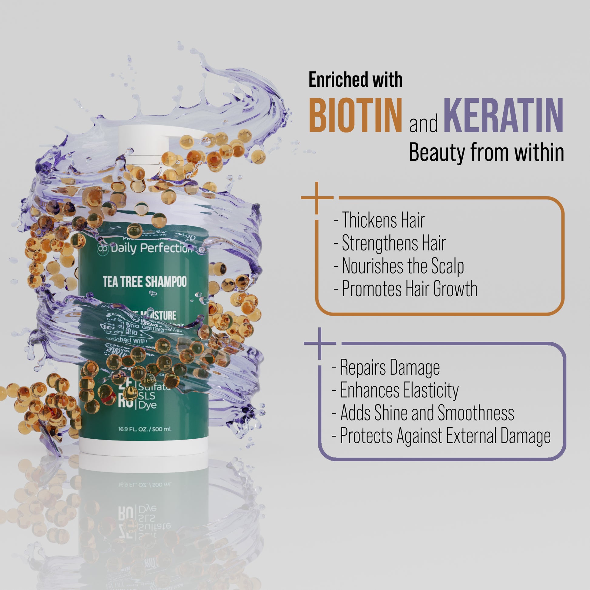 infographic explains the benefits of biotin and kertain boosts which are used in Daily Perfection Tea-Tree Shampoo