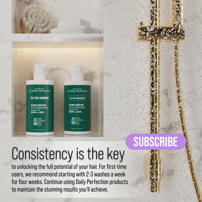 lifestyle image in a shower with a message that explains the importance of consistency in using hair care products along with  the product bottle of Daily Perfection Tea-Tree Shampoo