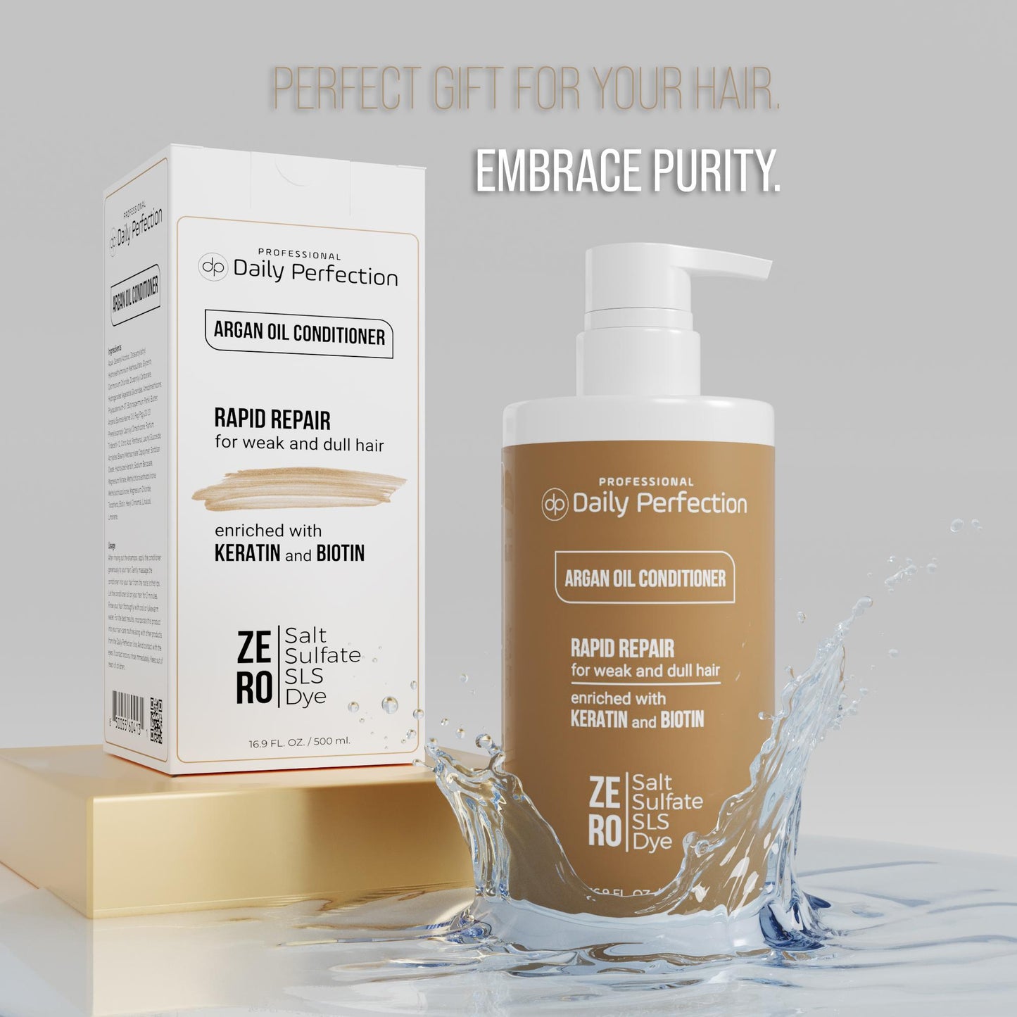 Daily Perfection Argan Oil Conditioner product bottle and the box in water splash with a slogan that reads embrace purity