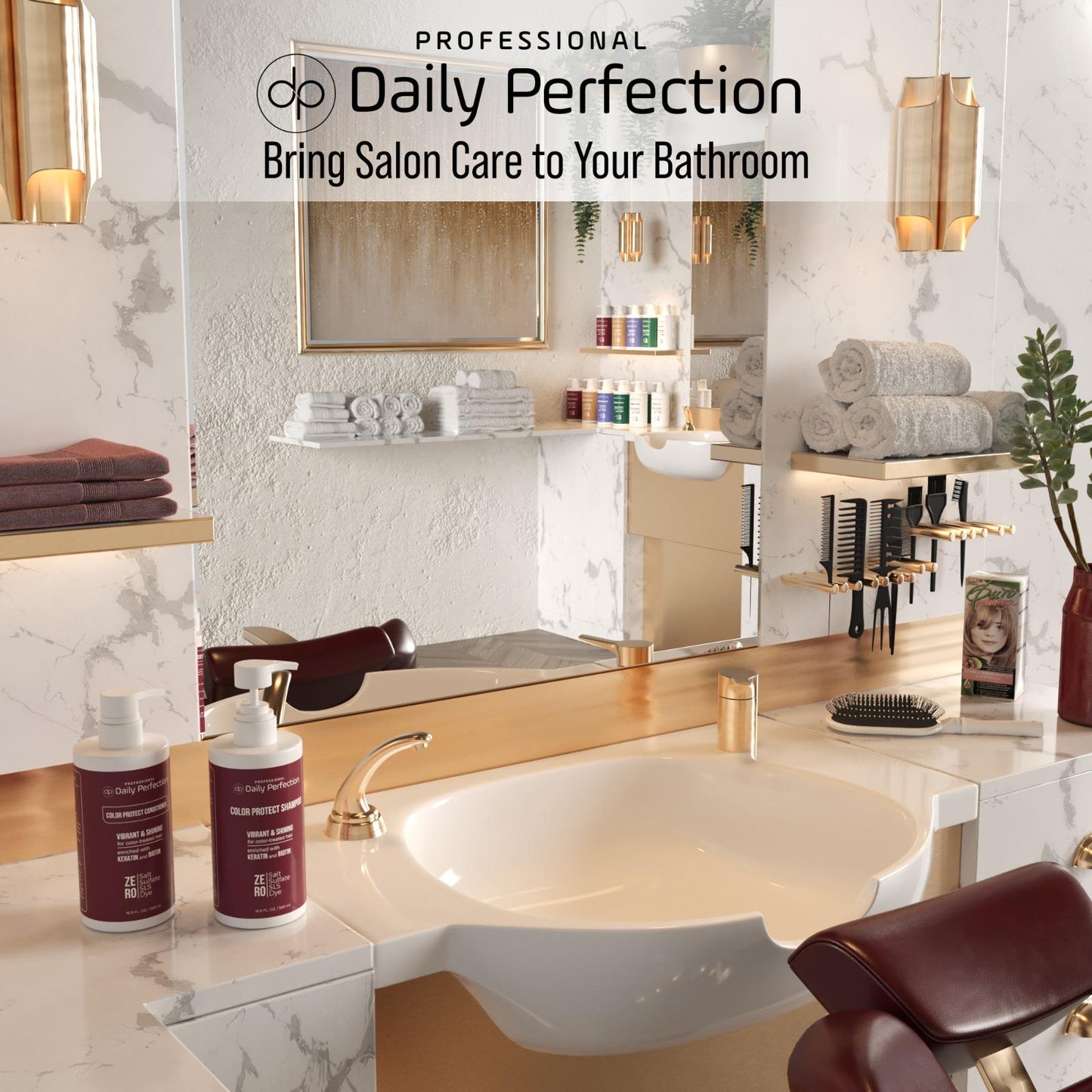 lifestyle image in a professional salon the with a slogan that reads bring salon care to your bathroom and the product bottle of Daily Perfection Color Protect Shampoo