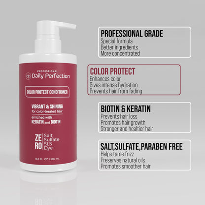 infographic explains the product benefits in four bullet points for Daily Perfection Color Protect Conditioner