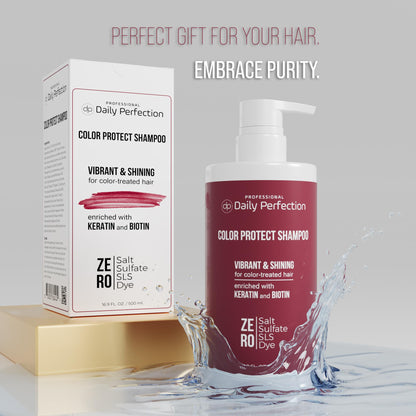 Daily Perfection Color Protect Shampoo product bottle and the box in water splash with a slogan that reads embrace purity