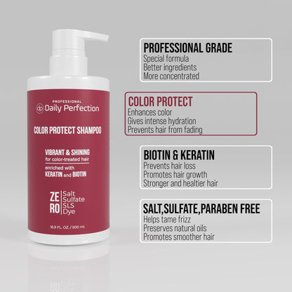 infographic explains the product benefits in four bullet points for Daily Perfection Color Protect Shampoo