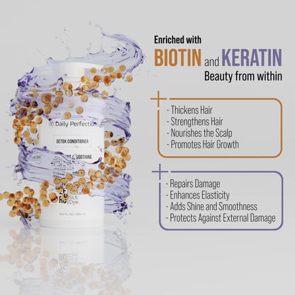 infographic explains the benefits of biotin and kertain boosts which are used in Daily Perfection Detox Conditioner