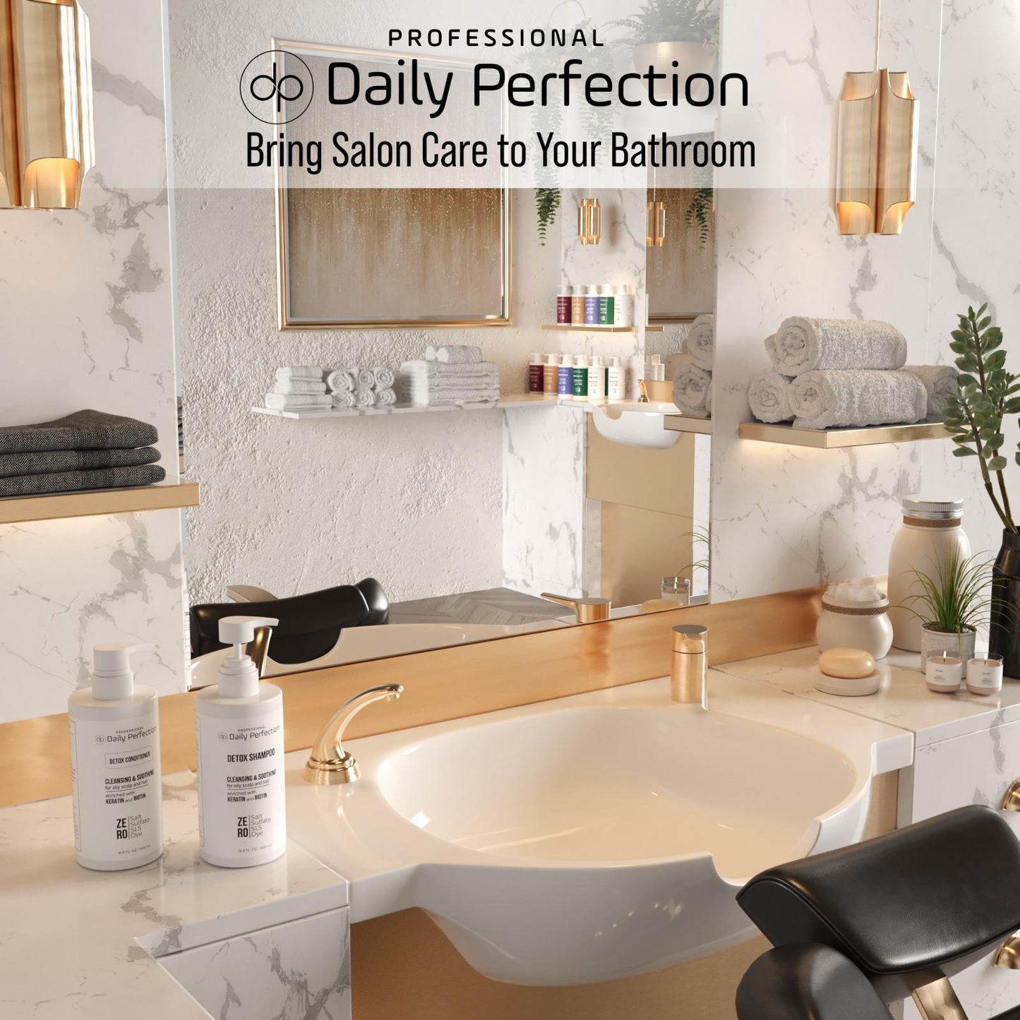 lifestyle image in a professional salon the with a slogan that reads bring salon care to your bathroom and the product bottle of Daily Perfection Detox Shampoo