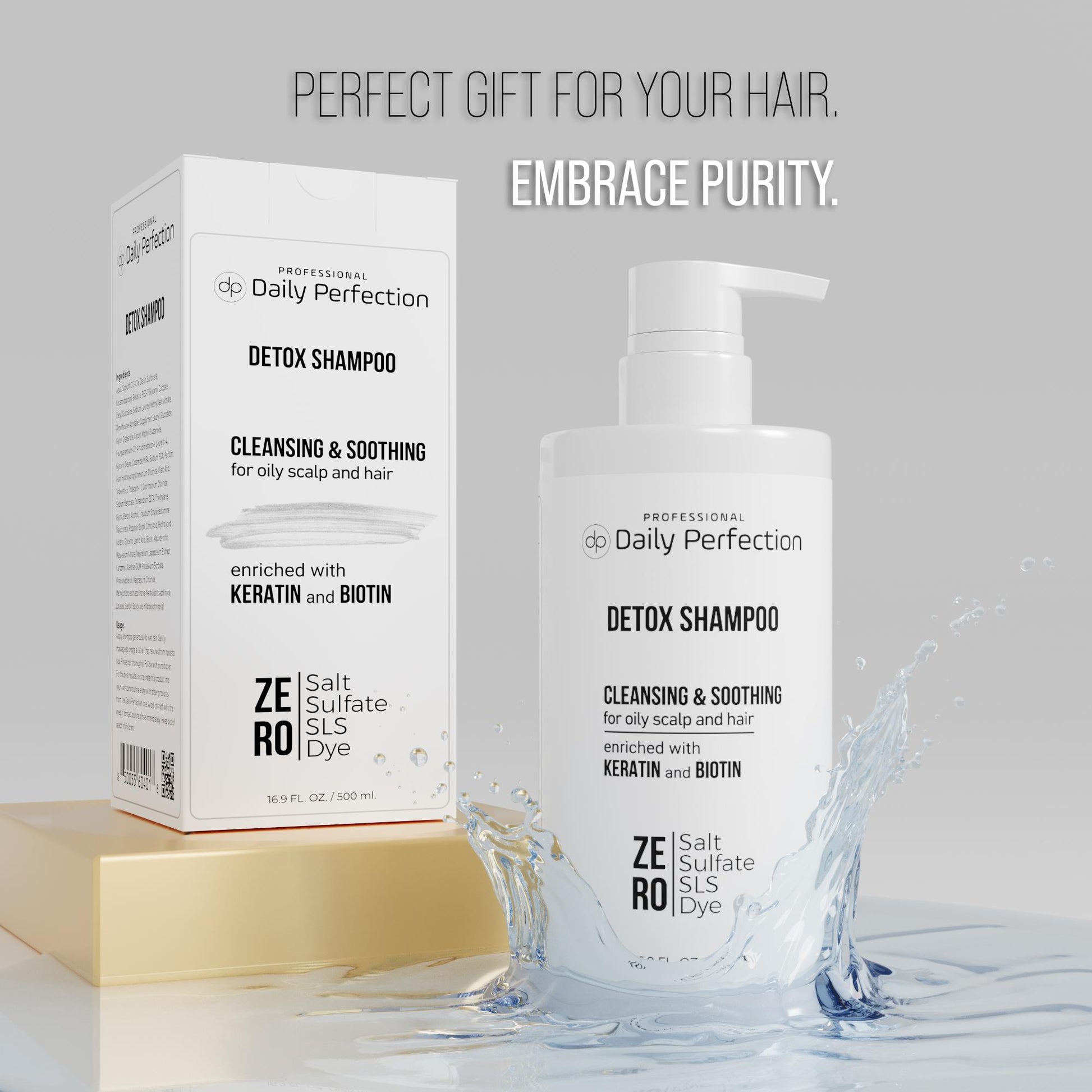 Daily Perfection Detox Shampoo product bottle and the box in water splash with a slogan that reads embrace purity