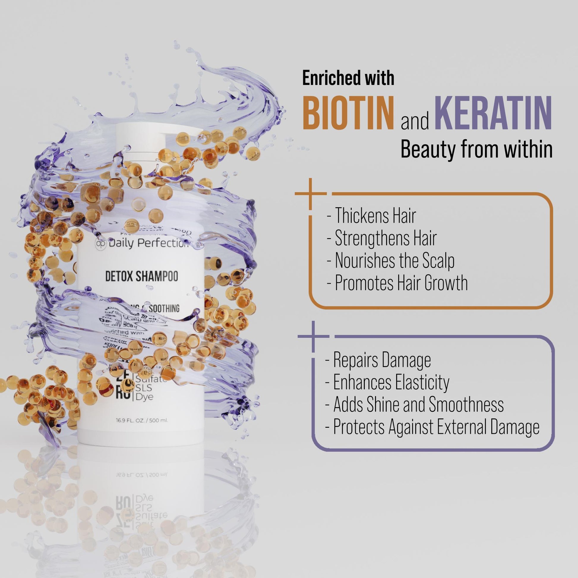 infographic explains the benefits of biotin and kertain boosts which are used in Daily Perfection Detox Shampoo