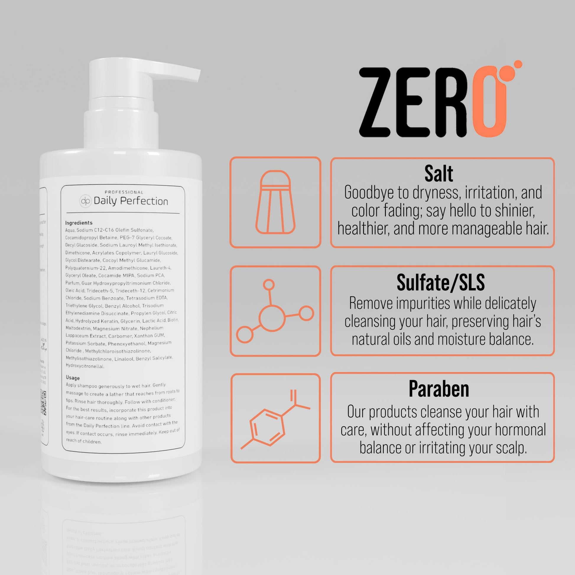 infographic explains the benefits of salt free,sulfate free, paraben free formula that is used in Daily Perfection Detox Shampoo